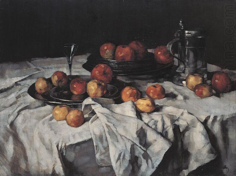 Still Life with Apples, Wine-Glass and Pewter Jug, Carl Schuch